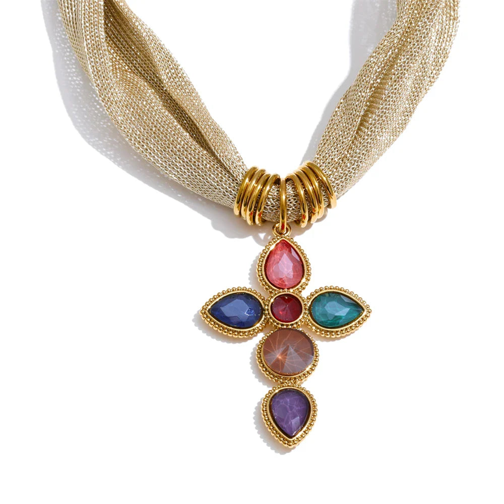 Yhpup White Colorful Shiny Glass Cross Pendant Necklace for Women Stainless Steel Polyester Chain Exquisite Jewelry Gift