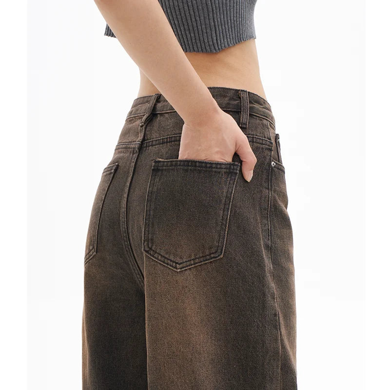 High Waist Women Coffee Grey Jeans Hip-hop Style Fashion Vintage Streetwear
