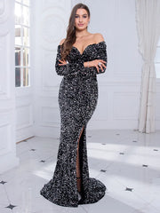 Off Shoulder Sweatheart Padded Stretch Sequin Formal Gown Front Split