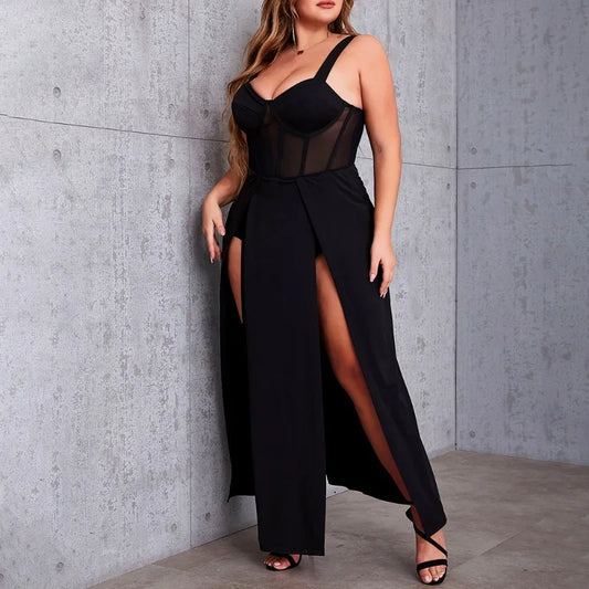 Sexy Backless Sling Mesh Splicing High Waist Slit High Quality Luxury Dress Plus Size Fashion Elegant Square Neck Dresses