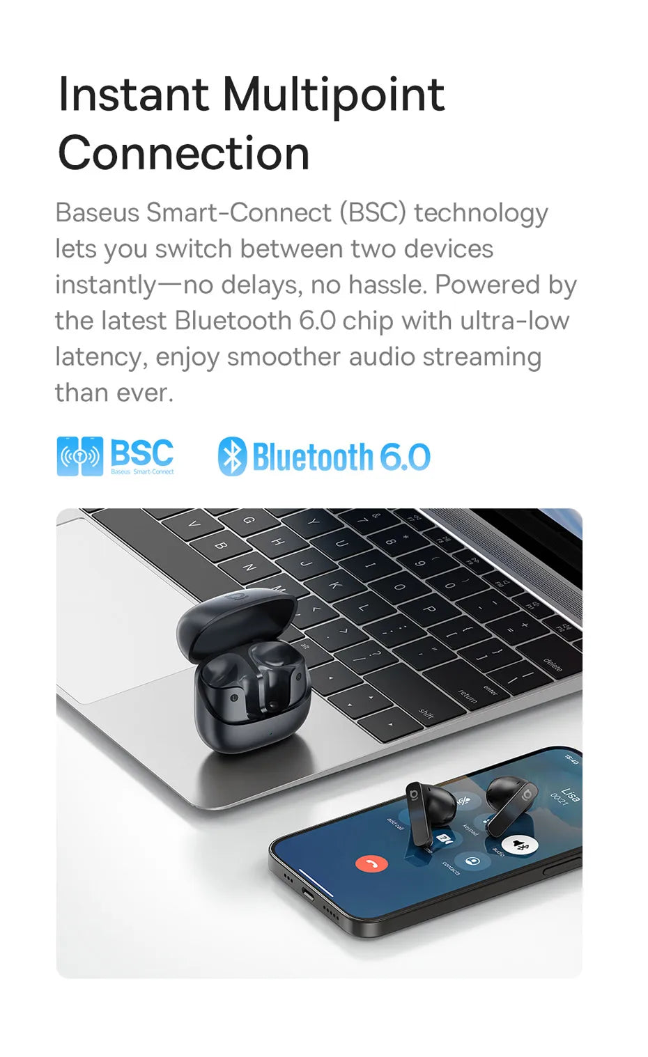 Baseus Bass BS1 NC -40dB Realtime Adaptive ANC Wireless Earbuds Bluetooth 6.0 Semi-Open Earphones LDAC Hi-Res Audio 6-Mic AI ENC