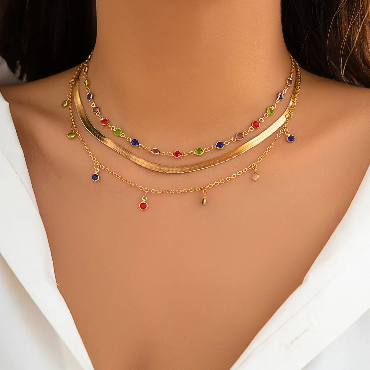 IngeSight.Z 2026 Trendy MultiLayered Color Crystal Chain Choker Necklace for Women Boho Flat Snake Chain Clavicle Short Necklace