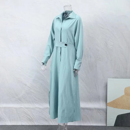 2023 Autumn Plus Size Women Dress Solid Casual V Neck Lapel Long Sleeve Dress Woman Long Skirt Pocket Lady Streetwear Dresses