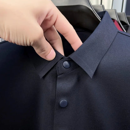 Luxury Quality Men's Polo Shirt No Trace Simple Solid Color Geometric Print Long Sleeve Autumn Lapel T-Shirt Business Menswear