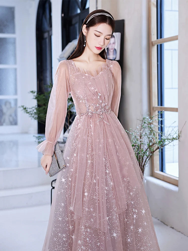 Homecoming Dresses: Pink Prom Gowns Long Sleeves For Party