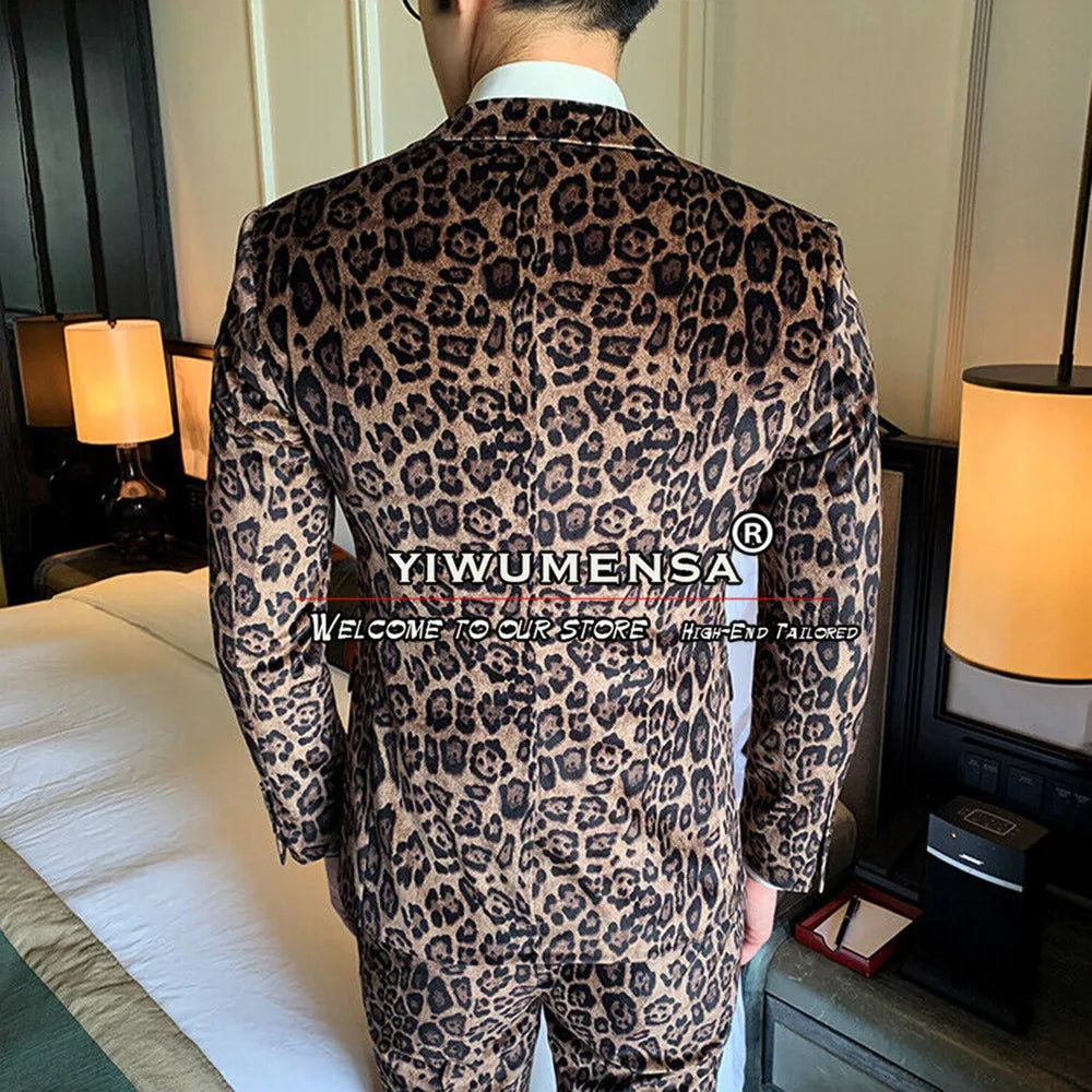 Tuxedo for Mens: Mens Leopard Brown Print Suits Business 3 Pieces Blazer Sets