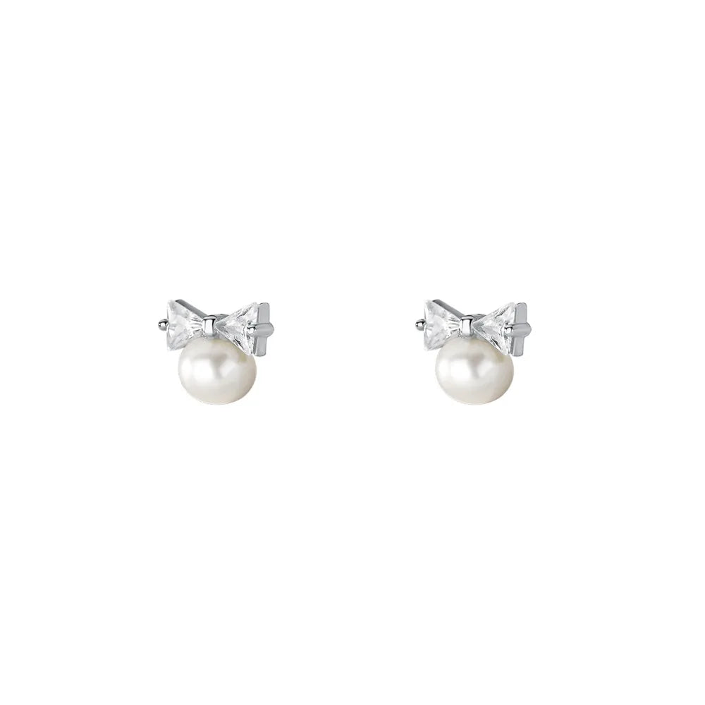 Korea Exquisite Vintage Zircon Pearl Bow Sweet Stud Earrings for Women 925 Sterling Silver Jewelry