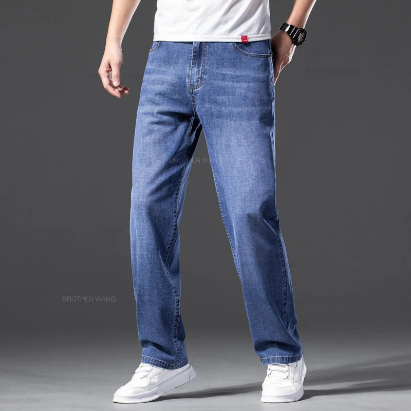 Summer Men's Thin Jeans Baggy Elastic Casual Straight Denim Pants Classic Smoke