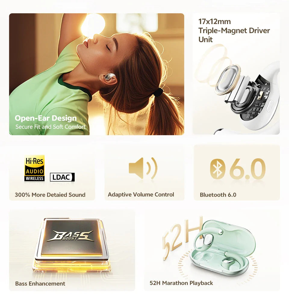 QCY Crossky R70 Open-Ear Wireless Headphones Hi-Res with LDAC OWS Earphones Bass Boost Bluetooth 6.0 Earhook Sport Earbuds 52Hrs