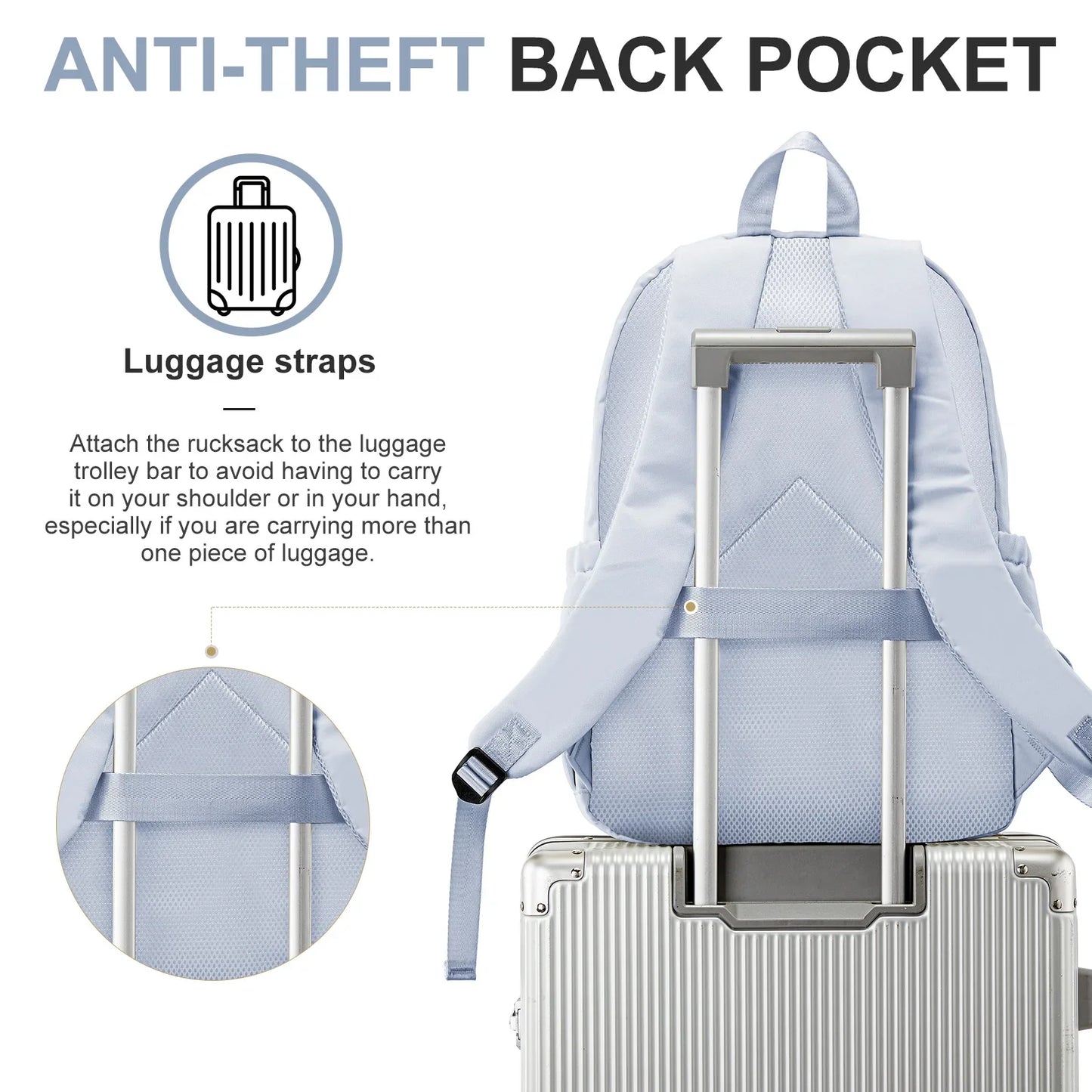 Casual Nylon Backpack, Backpack for Women, Multi-Pocket Design in Light Blue Durable for School, High School and College Bookbag