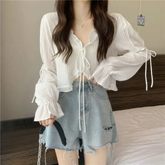 Sweet Ruffle Lace Up Cardigan Women Summer Long Sleeve Sunscreen Jacket