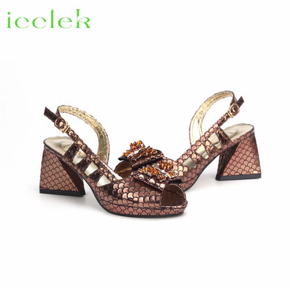 Italian Hollow Design Women Shoes Matching Bag in Coffee Color Mature African Ladies Comfortable Heels Sandals for Party