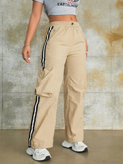 Y2K Women Fashion Wide Leg Cargo Pants Elastic Waist Tie Pockets Baggy Trousers