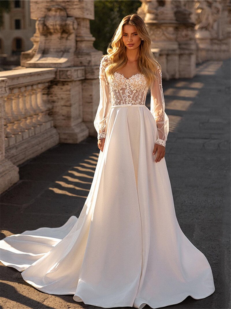 White Bridesmaid Dresses: Wedding Dresses A Line Top Lace Long Sleeve Satin
