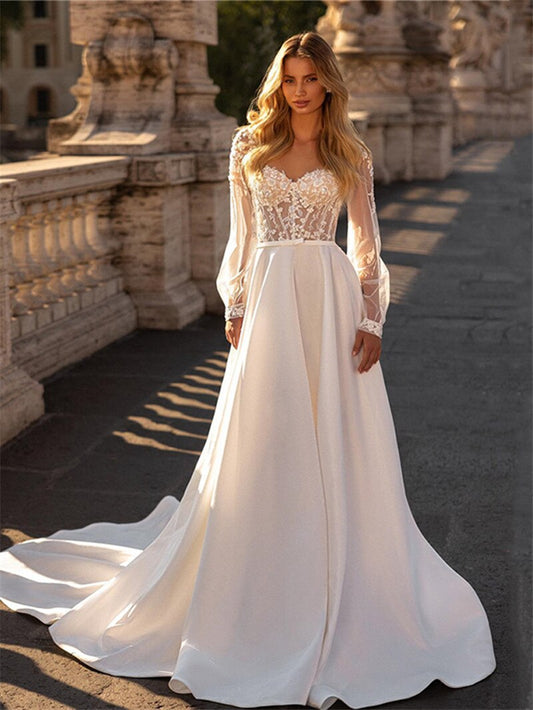 Wedding Dresses A Line Top Lace Long Sleeve Satin Bridal Dress