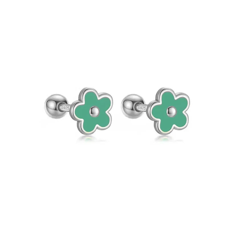 WANTME 925 Sterling Silver Romantic White Enamel Flower Screw Bead Stud Earrings for Women Fashion Simple Piercing Jewelry Gift