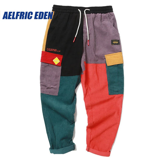 Patchwork Color Block Corduroy Pants Hip Hip Vintage Cargo