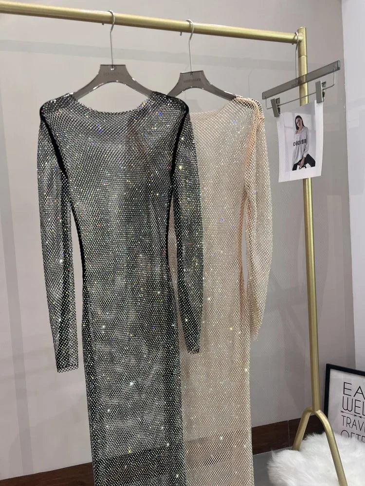 Evening wear Dresses: Women's Dresses Mesh See Through Nightclub Spice Rhinestone