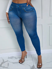 Women Imitation Denim Plus Size Casual Mid Waist Slant Pocket Stretchy Solid Pants