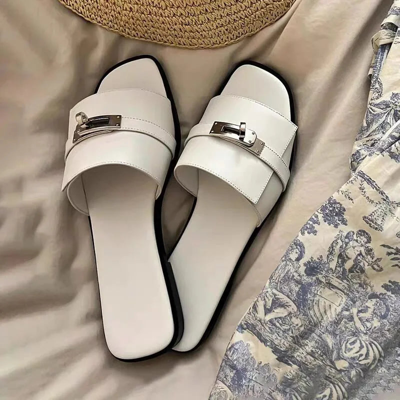 Women Slippers Peep Toe Flat Heels Metal Decor Designer Ladies Mules