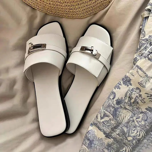 Women Slippers Peep Toe Flat Heels Metal Decor Designer Ladies Mules