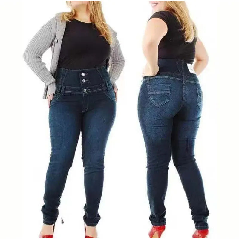 Plus Size Button Up Skinny Black Gray Long Jeans 4XL 5XL Women Spring High Waist