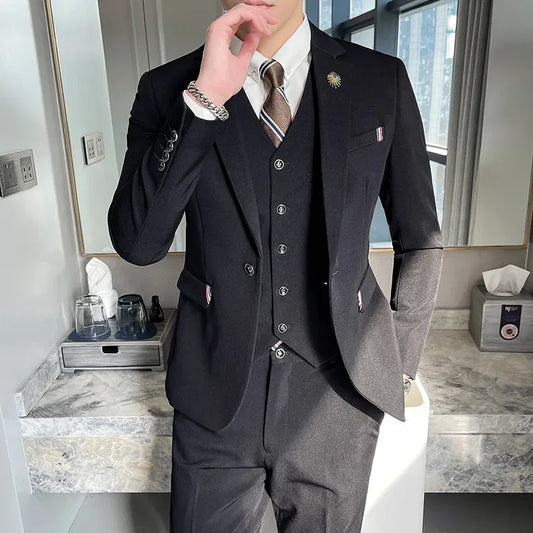 Suit Jacket Vest Pants 3 Pcs Set Fashion Men's Casual Business