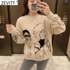 Women Fashion Beauty Girls Print Casual Sweatshirts Female Basic O Neck Knitted Hoodies