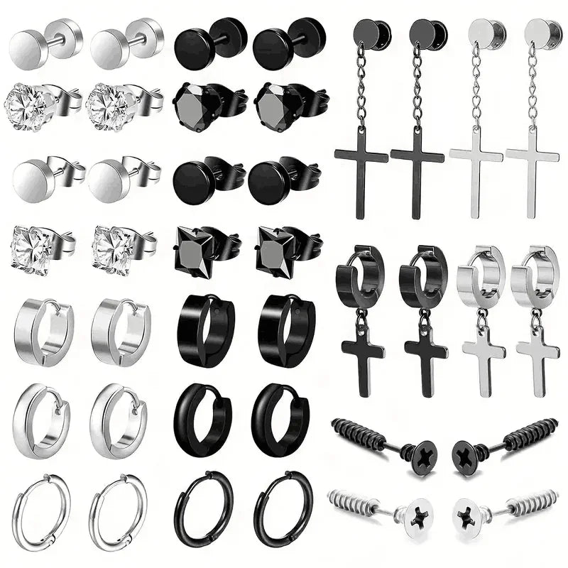 Simple Stainless Steel Zircon Stud Earrings For Men, Cross Pendant Hoop Earrings For Daily Wear
