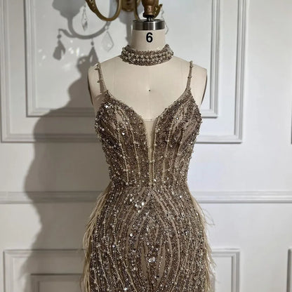 Homecoming Dresses: Mermaid Spaghetti Strap Beaded Feather Evening Dresses