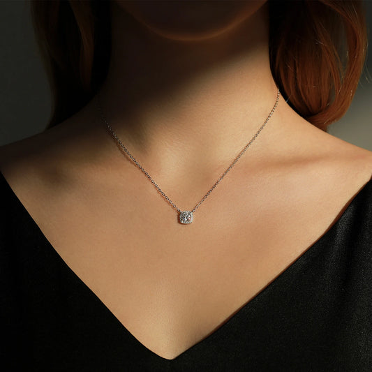 Square & Round Halo Moissanite 925 Sterling Silver Pendant Necklace D Color