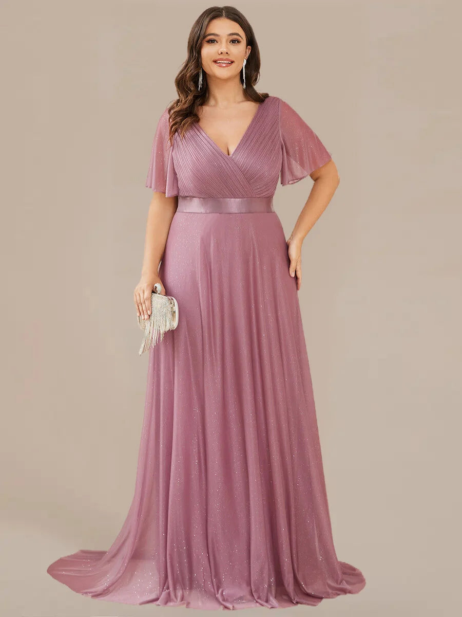 Evening Dresses Ever pretty of Plus Size Deep V Neck Ruffles Sleeve Dress