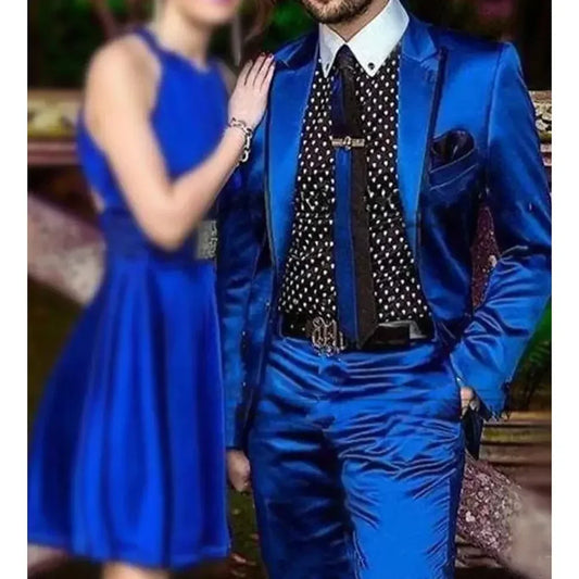 Shinny Royal Blue Satin Men Suits 2 Piece Set Chic Party Prom Wedding Groom