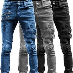 Men Slim Biker Ripped Long Denim Trousers Skinny Jeans Pocket Side Straps