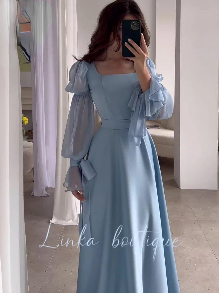 Formal attire Dresses: Elegant Satin Dresses Ladies Puff Sleeve Square Neck Long Skirt