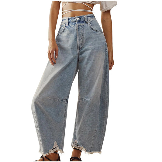 Women Casual Baggy Mid Waist Jeans Wide Leg Loose Boyfriend Denim Pants
