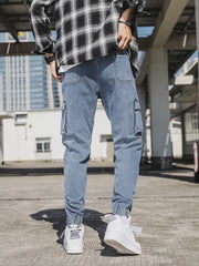 Spring Autumn Multi-Pockets Cargo Jeans Men Black Blue Denim Jogger Pants