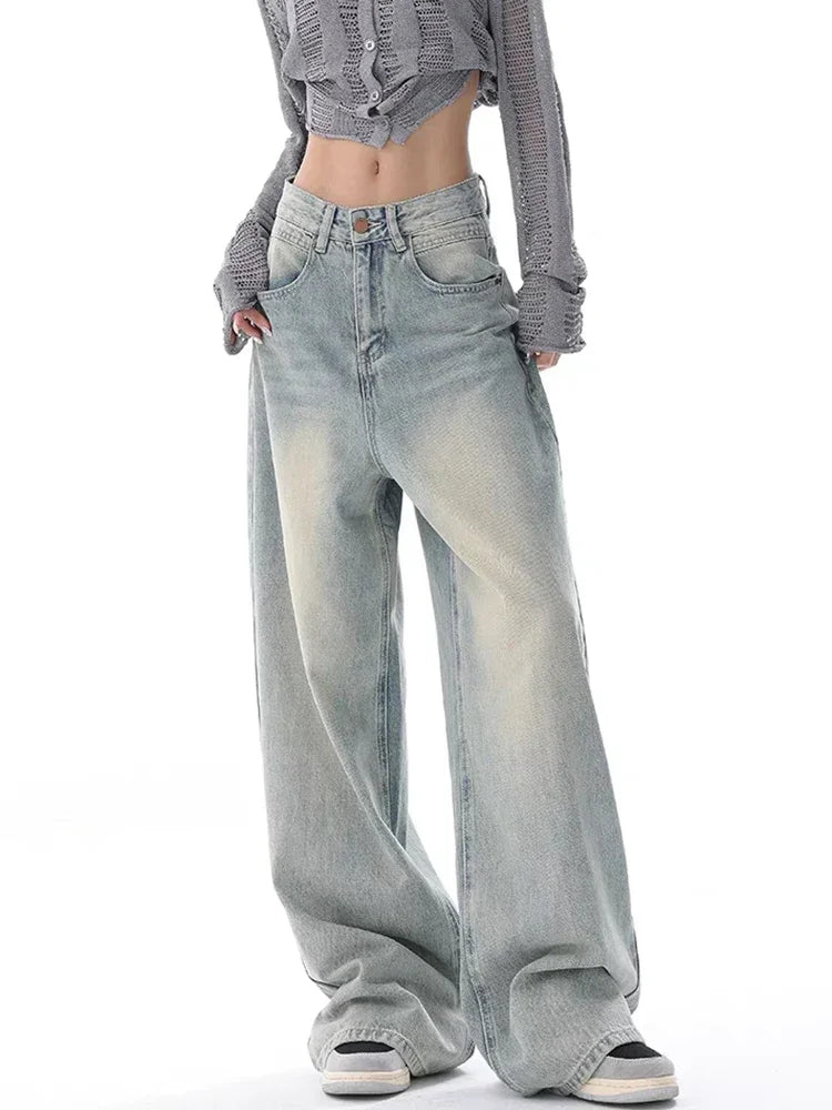 Waisted Jeans Women Autumn Button Full Length Wide Leg Denim Pants