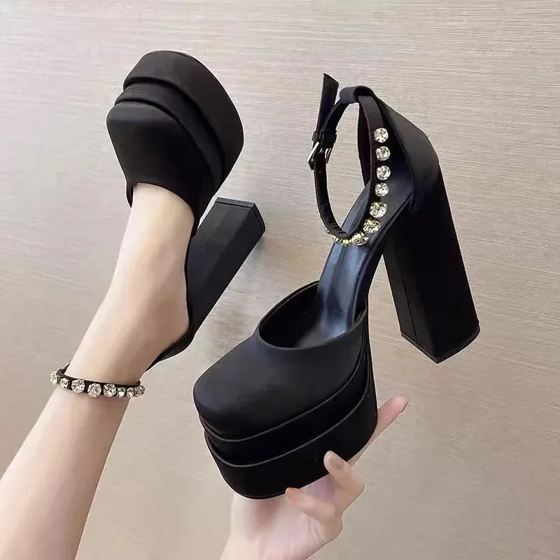 Silk Square Heel Pumps 2023 High Quality High Heel Ladies Shoes Round Toe Casual Buckle Strap Fashion Platform Solid Pumps