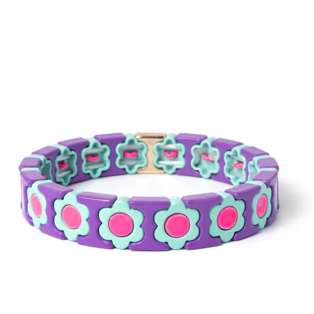 New Design Colorful Flower Charms Bangle For Women Handmade Bohemian Elastic Flower Bracelets Metal Beads Jewelry