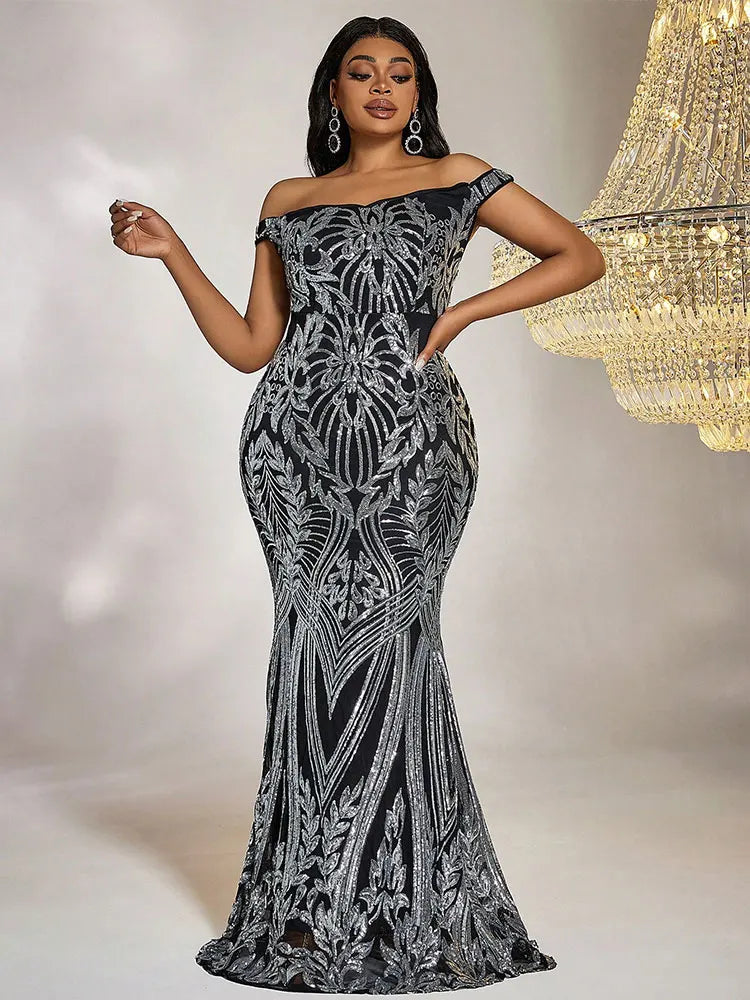 Evening wear Dresses: Plus Size Maxi Dresses High-End Sequin Line-Neck