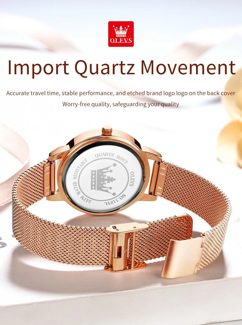 OLEVS 5189 Women's Watch Quartz Wristwatch Casual Fashion Watch for Ladies Waterproof Luminous Mesh Belt Love Dial Zircon Scale