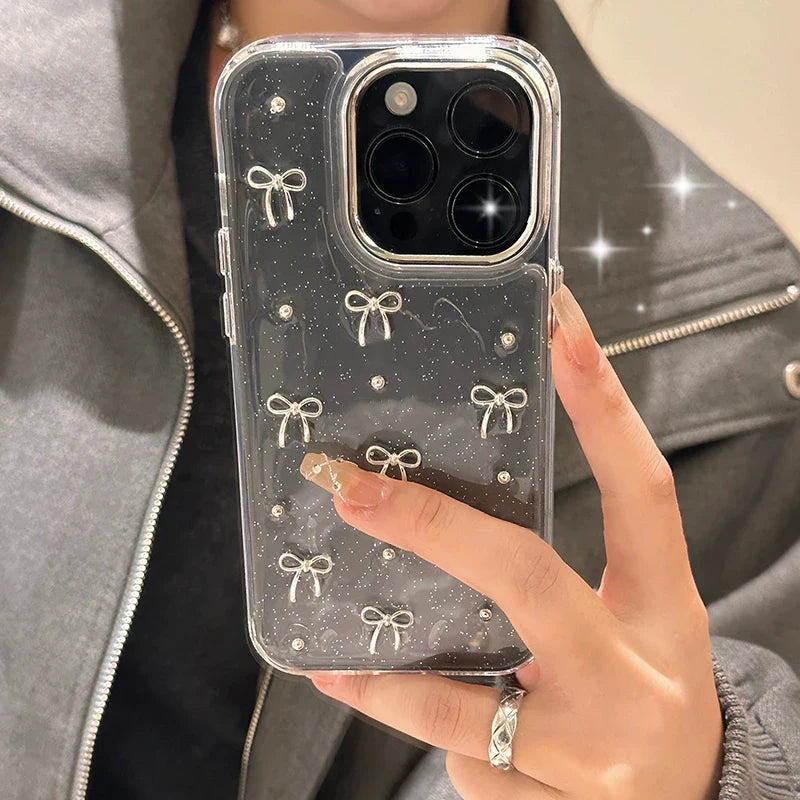 INS Korea Glitter 3D Silver Bow Beads Phone Case For iPhone 16 15 14 13 12 11 17 Pro Max 7 8 Plus X Epoxy Shell Girl Clear Cover