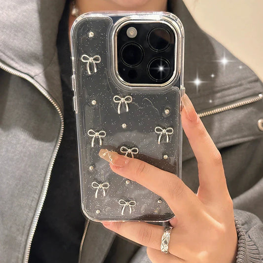 INS Korea Glitter 3D Silver Bow Beads Phone Case For iPhone 16 15 14 13 12 11 17 Pro Max 7 8 Plus X Epoxy Shell Girl Clear Cover