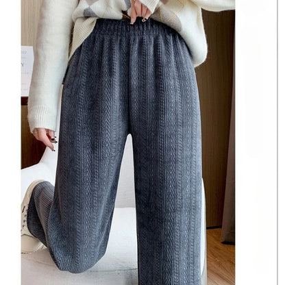 Striped Sweatpants Women Streetwear Thick Wide Leg Pants Straight Fleece-lined