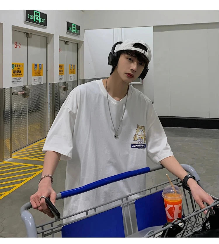 Harajuku Cat Cartoon Eating Noodles Graphic Men Women Tshirts Casual Short Sleeve Tees Japan Style Oversized T Shirt Clothing