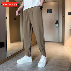 Spring Summer Casual Sold Color Trousers Male Slippery Feet Ice Silk Pants Korea