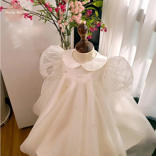 Fashion Baby Girl Princess Pearl Dress Puff Sleeve Infant Toddler Child White Vestido Party Birthday Frocks Baby Clothes 12M-14Y