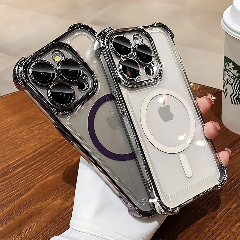 Plating Shockproof Airbag Magsafe Wireless Charge Case For iPhone 17 Air 16 15 14 13 12 Pro Max Anti Shock Proof Magnetic Covers