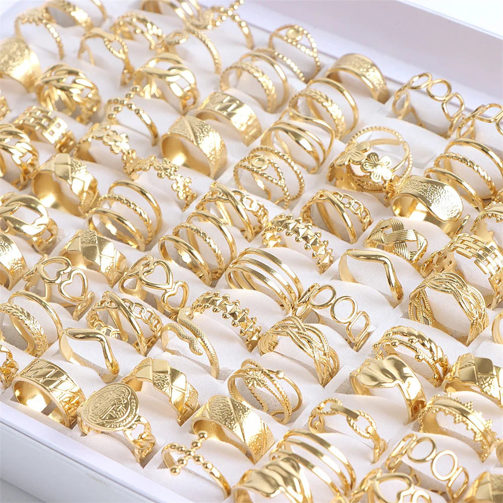 10/20Pcs/Lot Fashion Stainless Steel Adjustable Opening Ring For Women Men Mix Style Heart Snake Flower Jewelry No Fade